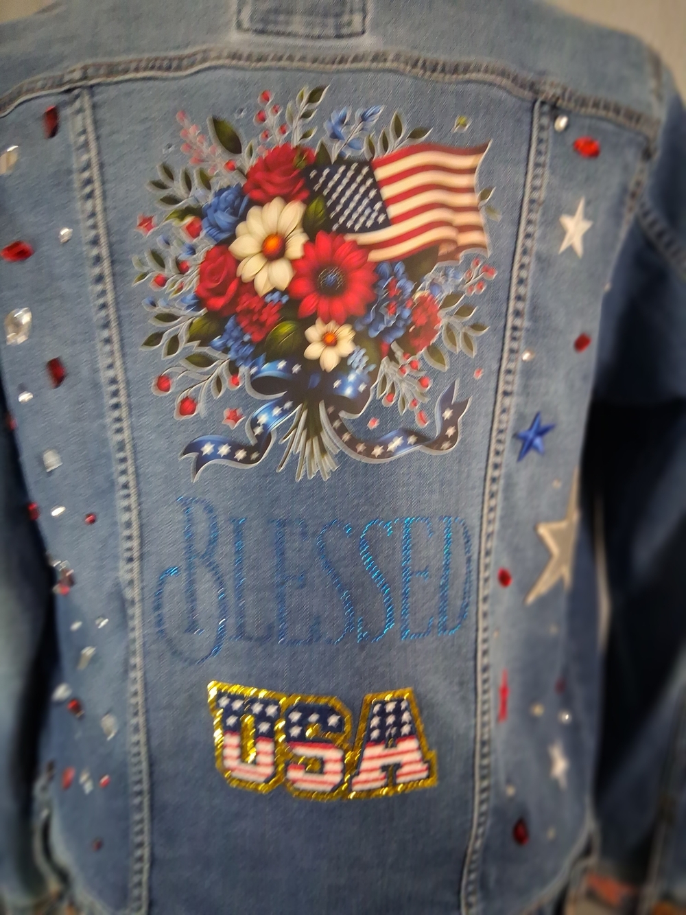 Hand Crafted Blue Denim Patriotic Jean Jacket with Embellishments